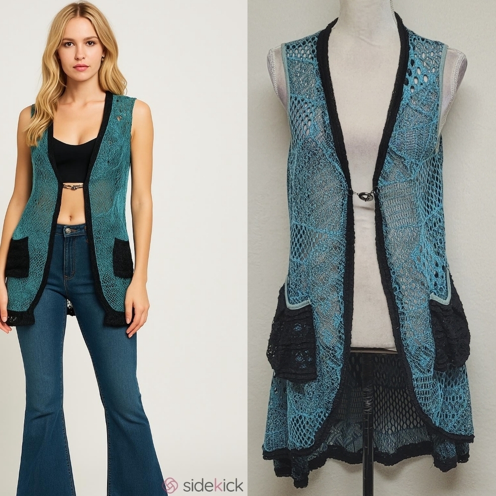 Vintage 1990s Teal Crochet Black Tiered Lace Toggle Button Midi Cardigan Vest L
